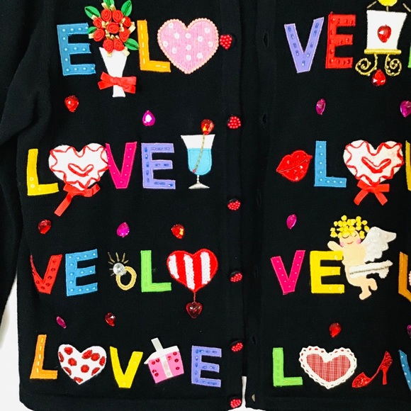 Vintage Valentines Jack B Quick Black Love Embellished Sweater - Picture 10 of 11